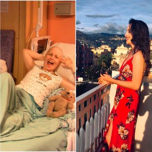 A side by side transformation photo of me in hospital, in 2008 and me now